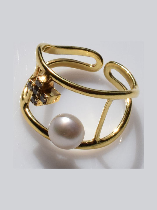 Bizoutaki Ring with Pearls & Zircon made of Silver Gold Plated