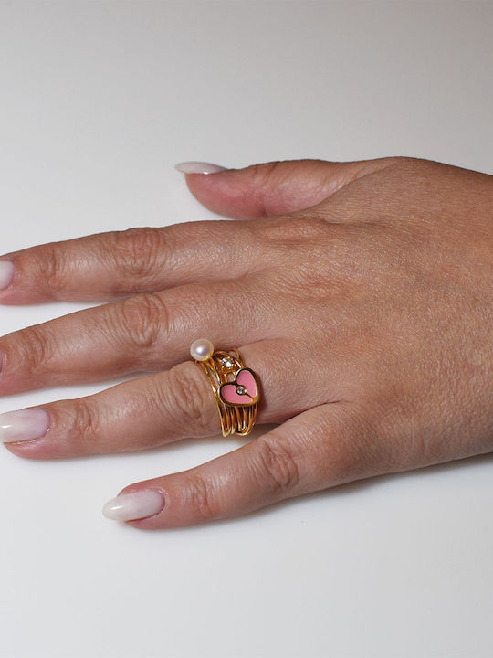 Bizoutaki Ring with Pearls, Zircon & Enamel made of Silver Gold Plated