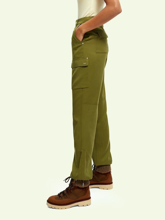 Scotch & Soda Women's High-waisted Fabric Cargo Trousers in Straight Line Green