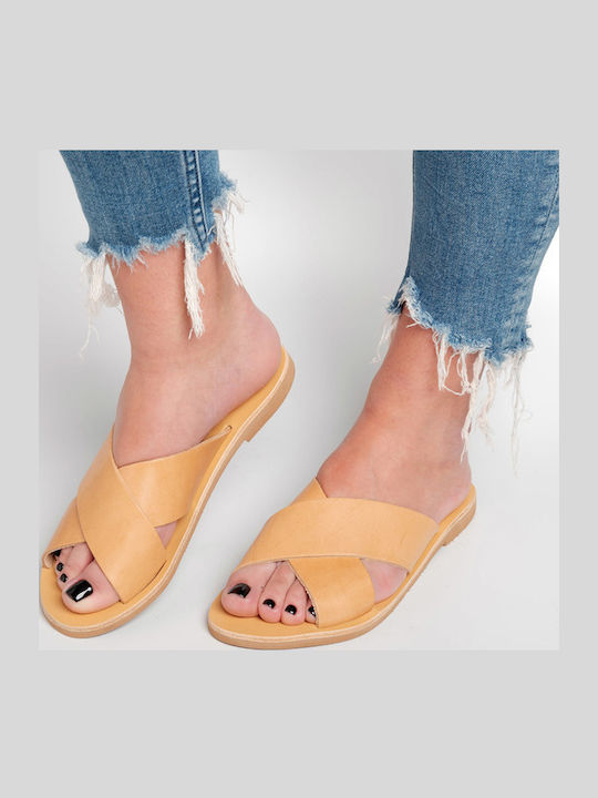 Leather Women's Flat Sandals in Beige Color