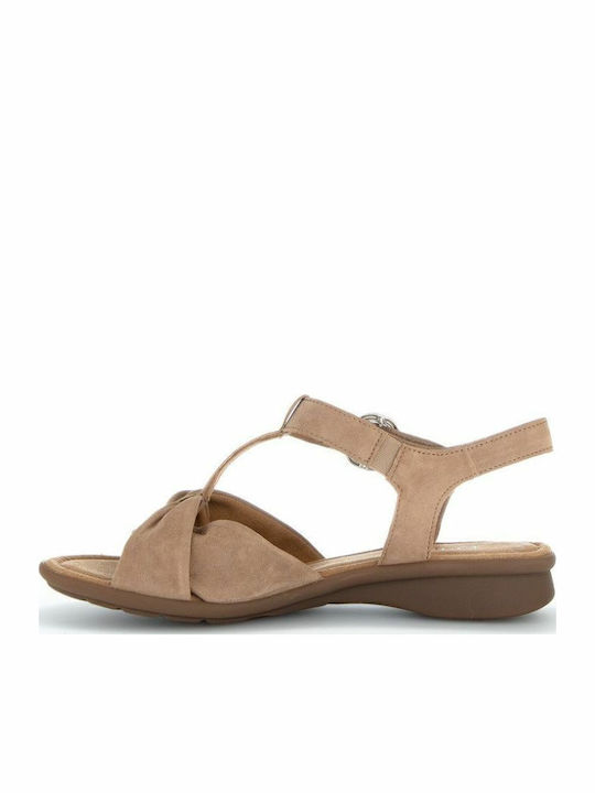 Leder Flache Sandalen für Damen Anatomisch mit Riemen in Beige Farbe
