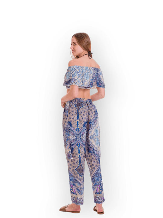 Summer pants with elastic on the back art silk with top 4329 blue