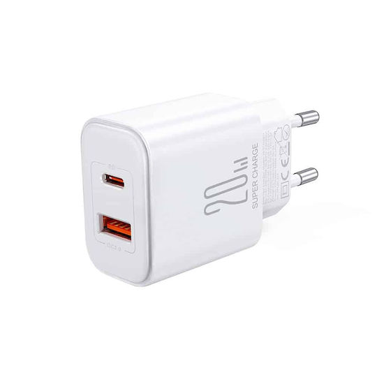 Joyroom Mobile Phone Charger with USB-A and USB-C Output Ports and USB-C - Lightning Cable 20W Power Delivery / Quick Charge 3.0 White