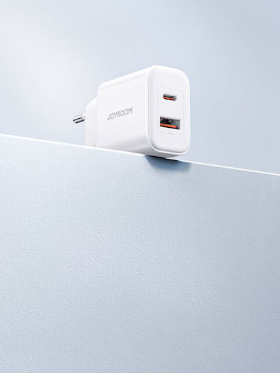 Joyroom Mobile Phone Charger with USB-A and USB-C Output Ports and USB-C - Lightning Cable 20W Power Delivery / Quick Charge 3.0 White
