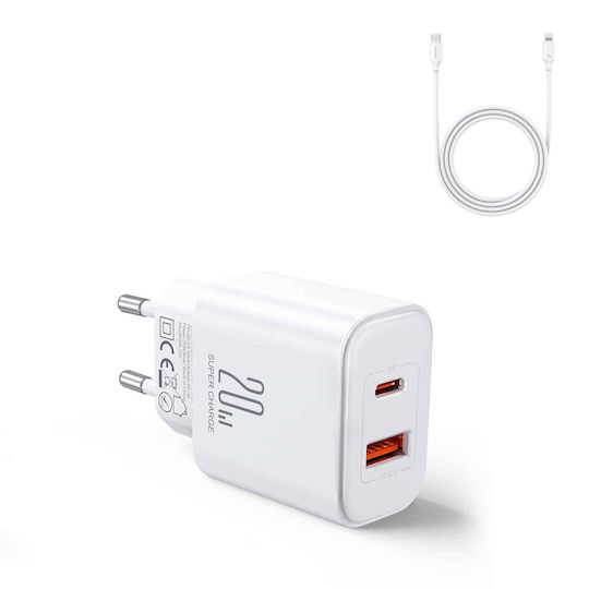 Joyroom Mobile Phone Charger with USB-A and USB-C Output Ports and USB-C - Lightning Cable 20W Power Delivery / Quick Charge 3.0 White