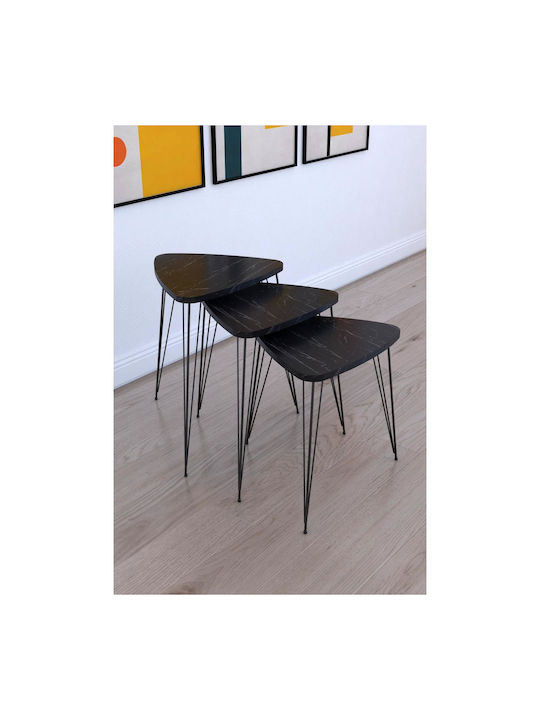 Oval Side Table Faraji Wooden Black Marble Finish 3 Pieces M35xW35xH52cm