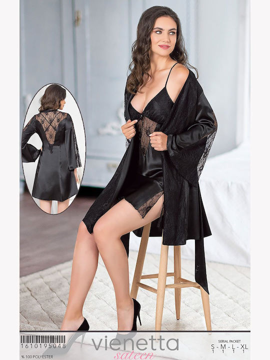 Vienetta Secret Winter Damen Satin Robe mit Nachthemd Schwarz