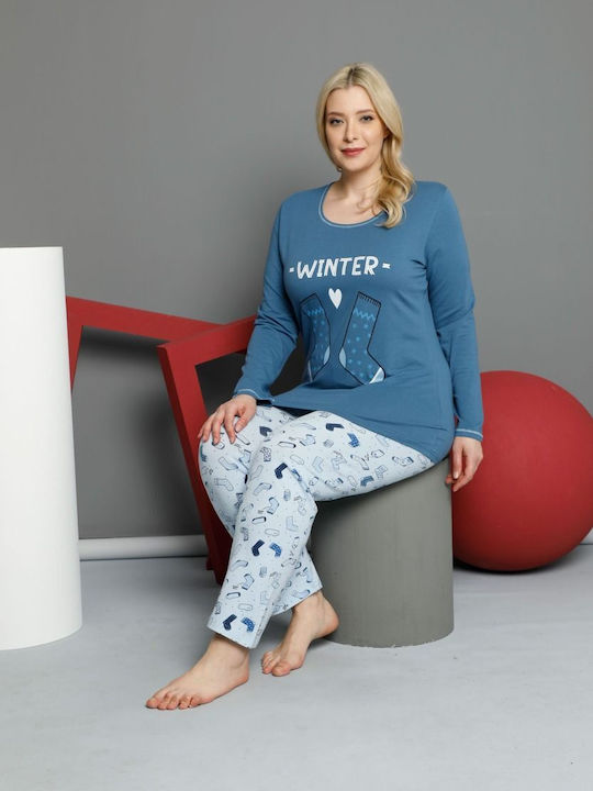 Sexen Winter Damen Pyjama-Set Baumwolle Blau