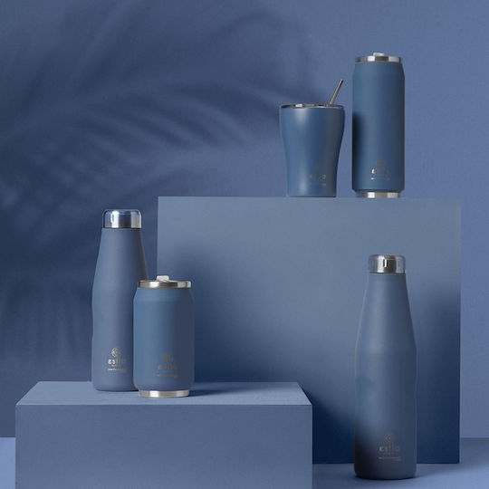 Estia Travel Cup Save the Aegean Recyclable Thermos Bottle Stainless Steel / Plastic BPA Free 300ml Denim Blue with Straw