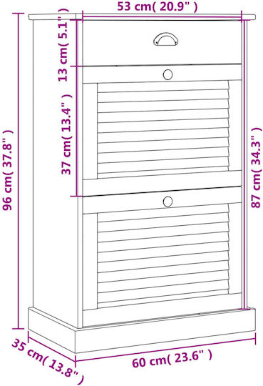 Schuhschrank aus Massivholz mit 2 Regalen Gray L60xW35xH96cm