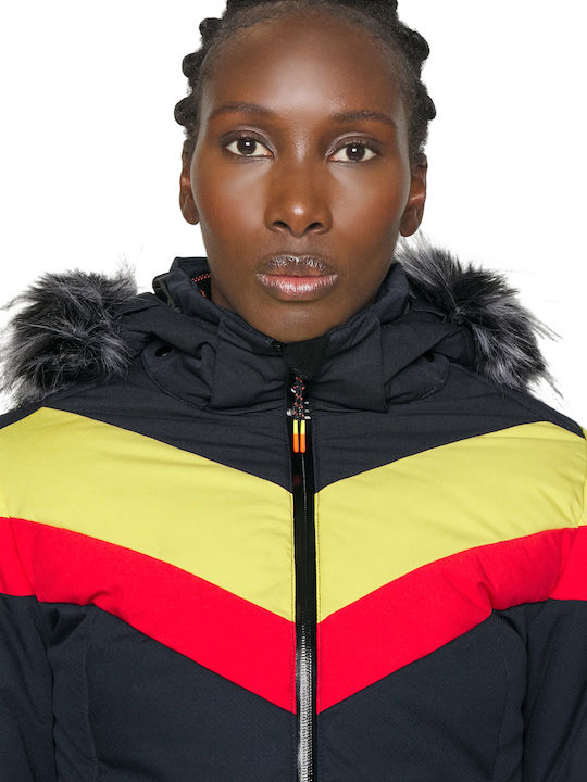 Kurz Damen Puffer Jacke mit pelziger Kapuze für Winter Blau