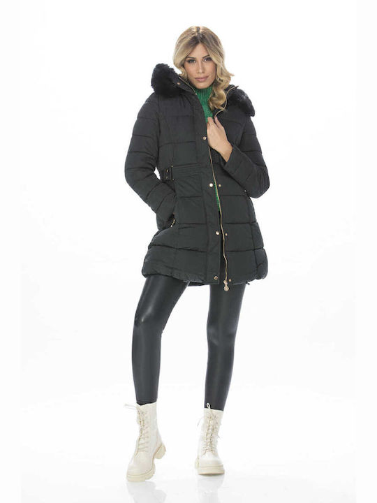 RichgirlBoudoir Women's Long Puffer Jacket for Winter with Hood Black