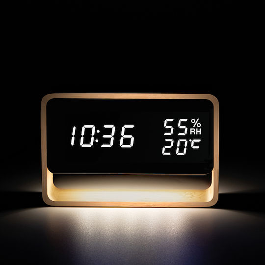 Life Fos Bamboo Επιτραπέζιο Ψηφιακό Ρολόι LED Ξύλινο με Ξυπνητήρι Καφέ 221-0359