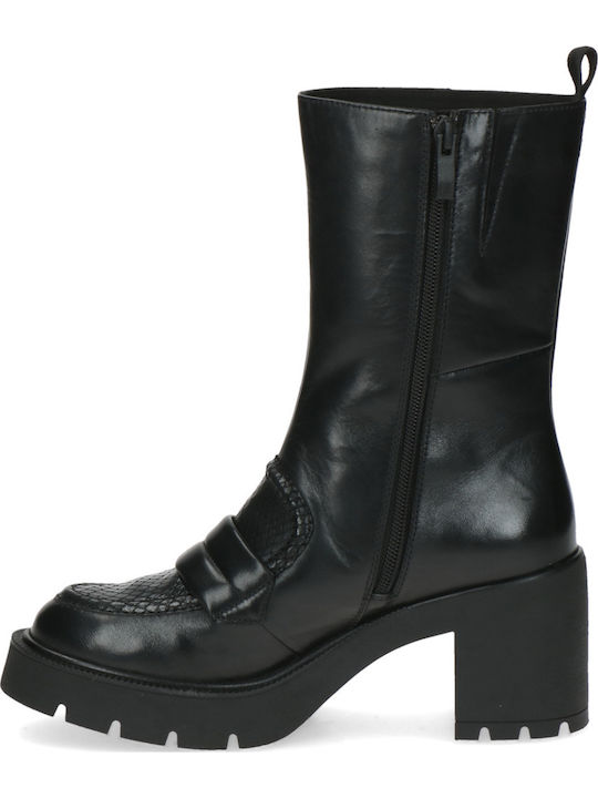 Leather Women's Ankle Boots with High Heel & Fur Black