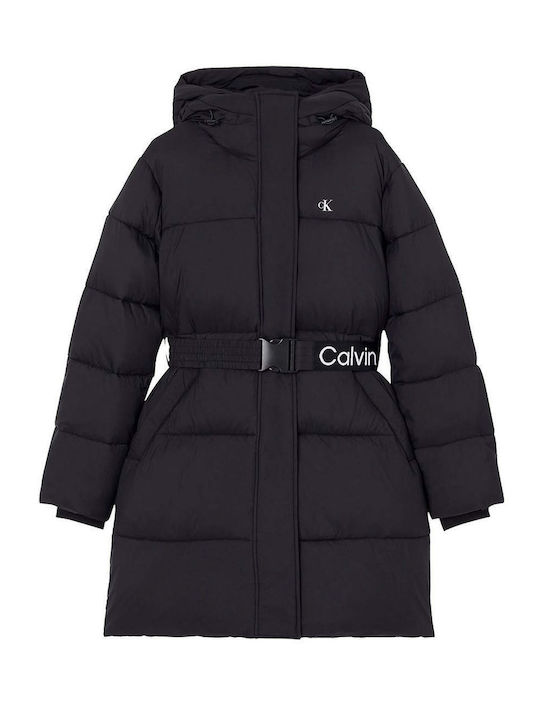 Women's Long Puffer Jacket for Spring or Autumn with Hood Black