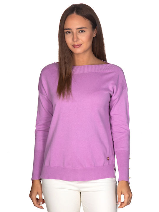 Vera Women's Blouse Cotton Long Sleeve with Boat Neckline Purple