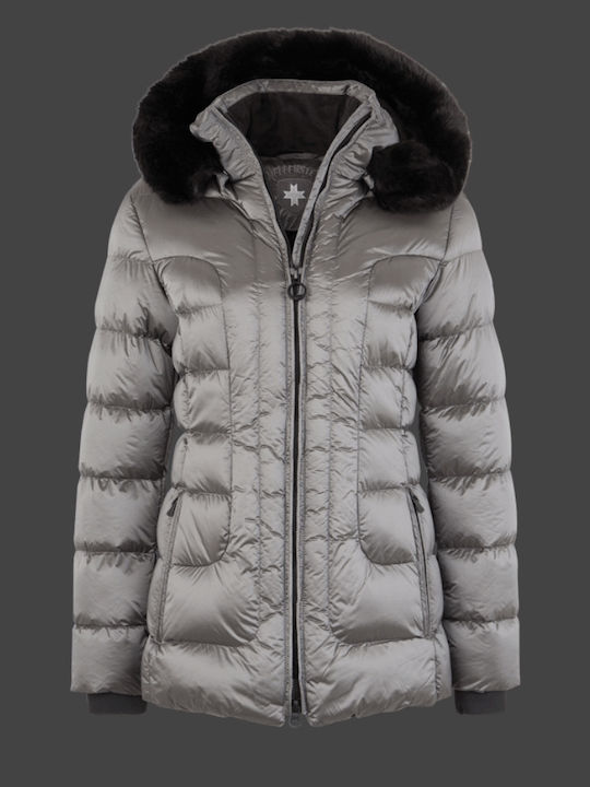 Belvitesse Short Women's Puffer Jacket with Furry Hood for Winter Gray