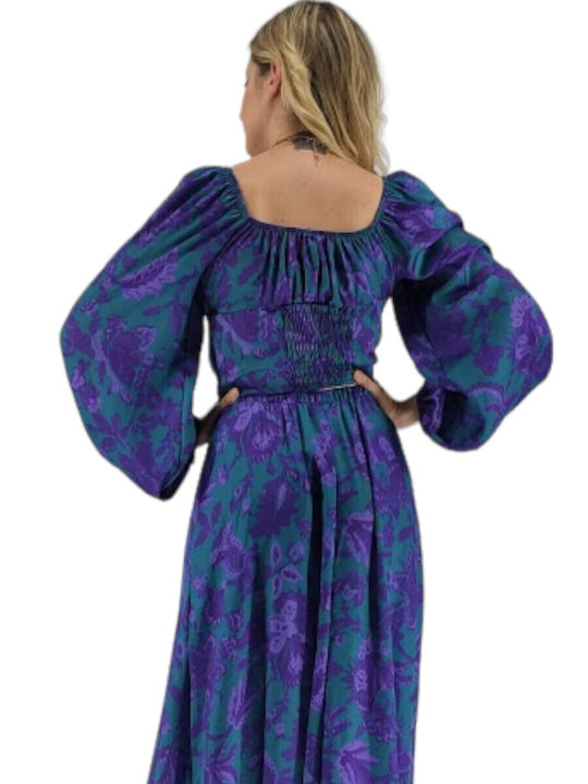 Σετ με Σατέν Ψηλόμεση Maxi Φούστα Floral Μωβ