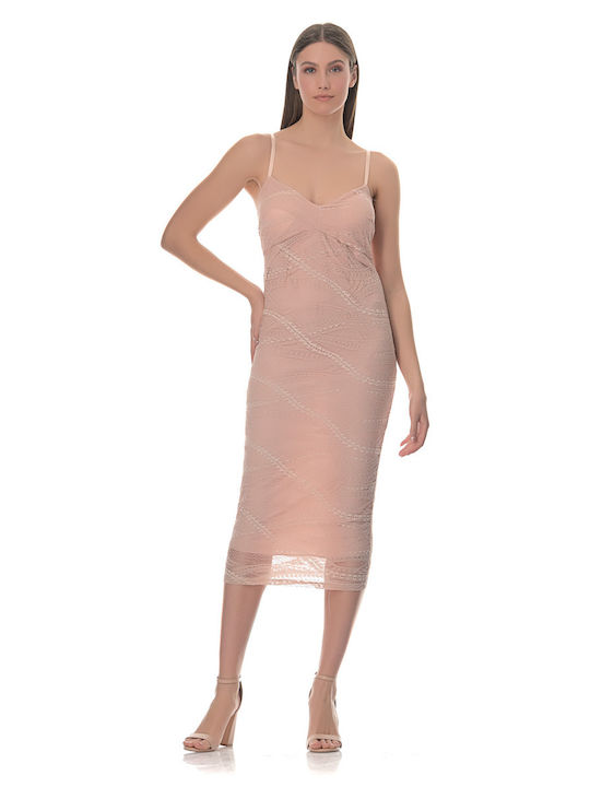 Coocu Summer Midi Evening Dress with Lace Pink