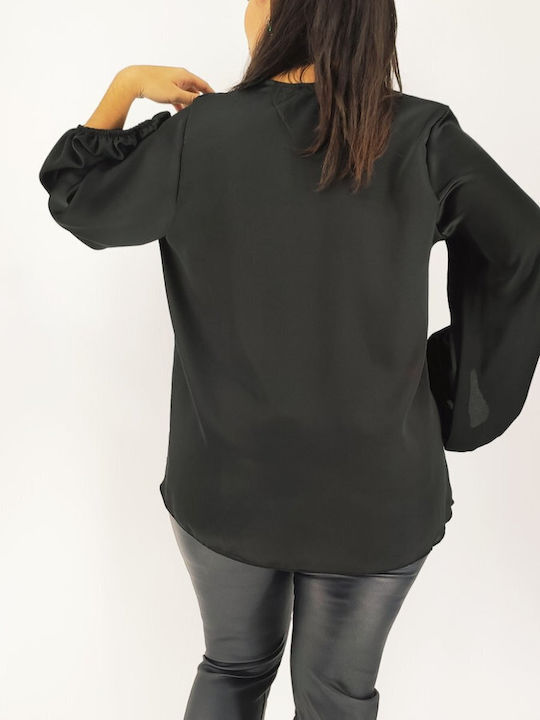 Honey Women's Blouse Satin Long Sleeve with V Neckline Black