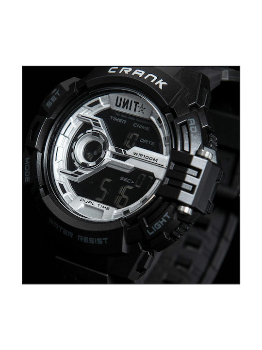 Unit CRANK Digital Uhr Chronograph Batterie mit Schwarz Kautschukarmband