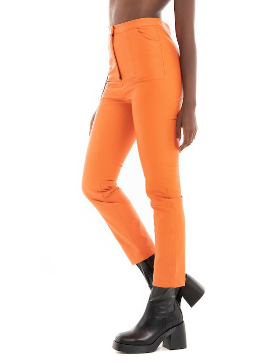 Collectiva Noir Women's High-waisted Fabric Capri Trousers in Slim Fit Orange