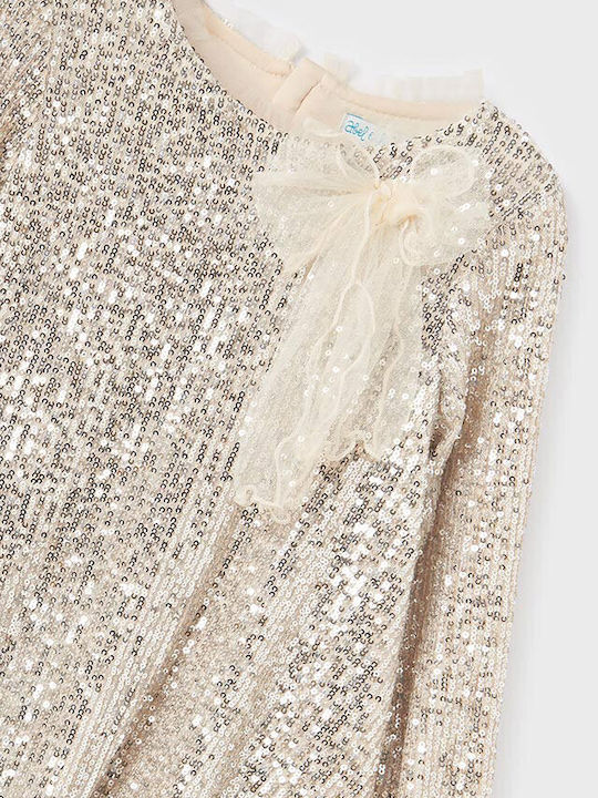 Children's Dress Long Sleeve with Sequins Beige