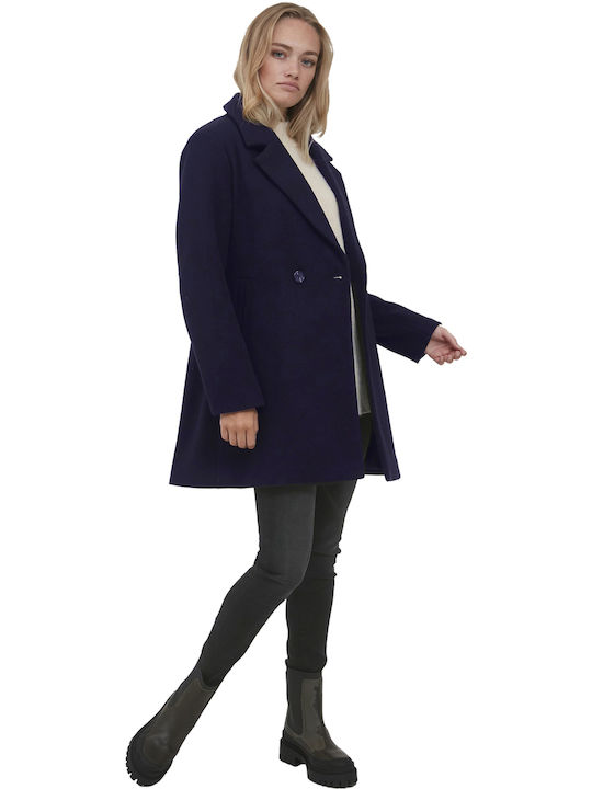 ICHI Women's Midi Coat with Buttons Navy Blue