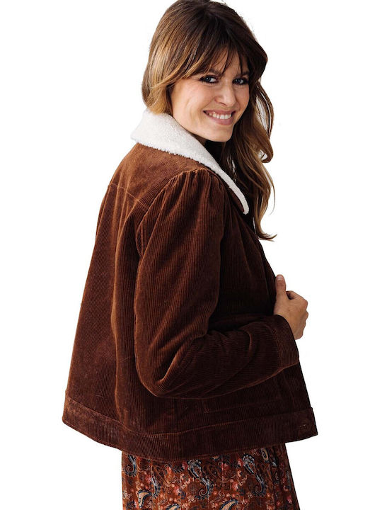 C'est Beau La Vie Sherpa Frauen Braun Jacke mit Pelzdetails