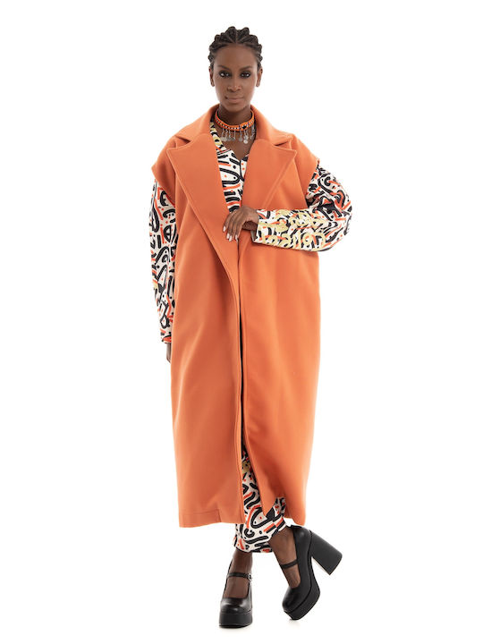 Collectiva Noir Women's Long Coat with Buttons Orange