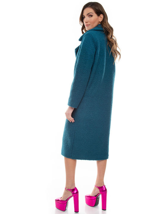 Raffaella Collection Women's Curly Midi Coat with Buttons Blue