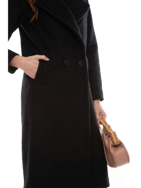 Raffaella Collection Μπουκλέ Γυναικείο Μαύρο Παλτό με Κουμπιά