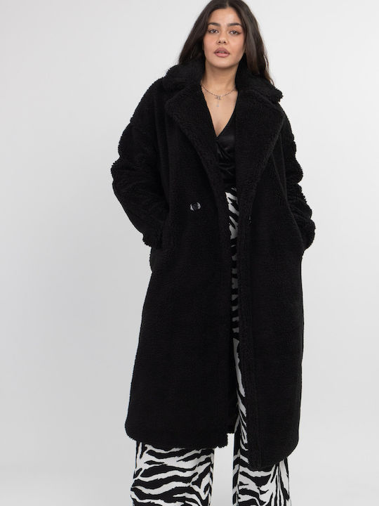 Γυναικείο Μαύρο Παλτό Oversized Teddy με Κουμπιά