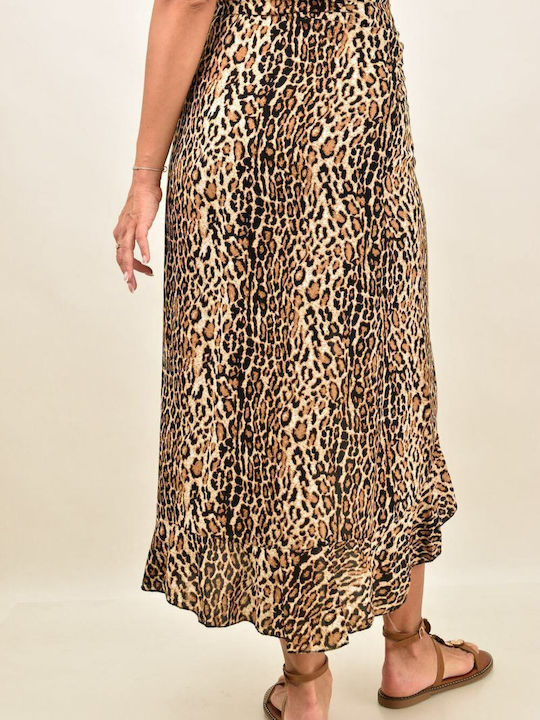 First Woman Midi Envelope Skirt Leopard in Brown color