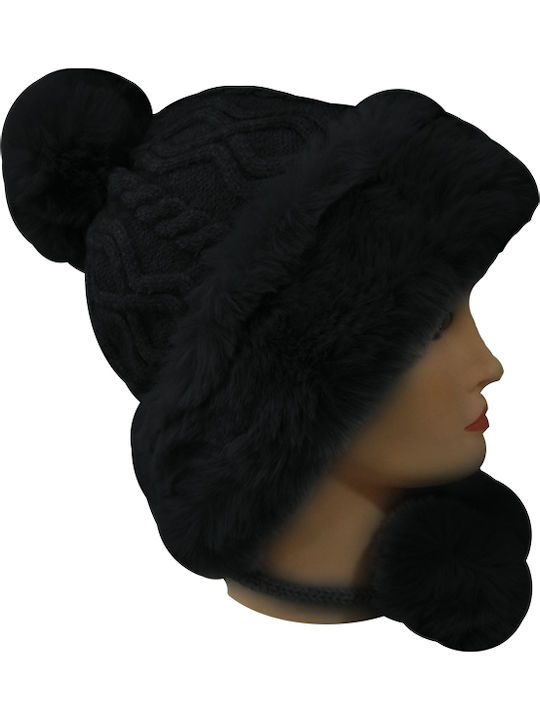 Pom Pom Beanie Γυναικείος Fleece Σκούφος με Πλεξούδες σε Μαύρο χρώμα