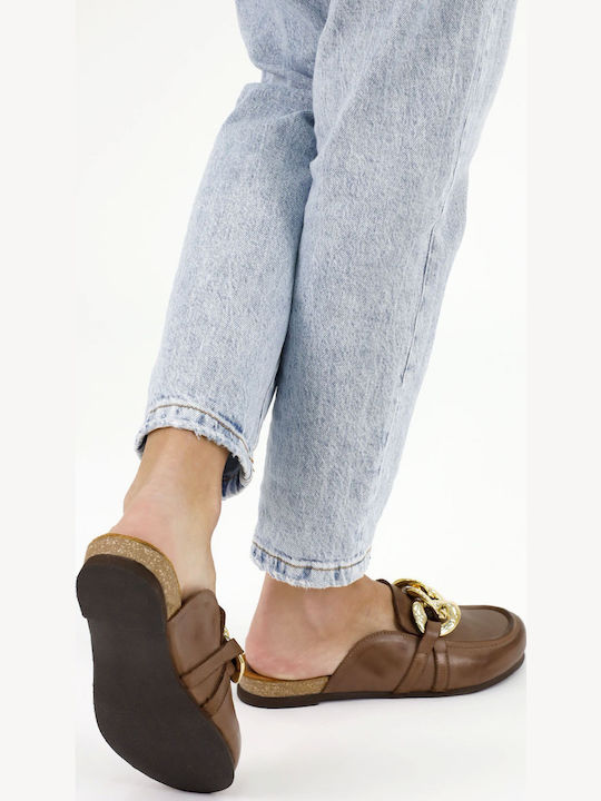 Flach Leder Mules in Braun Farbe