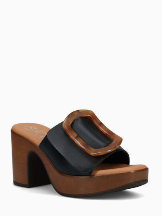Leather Mules with Chunky High Heel in Black Color