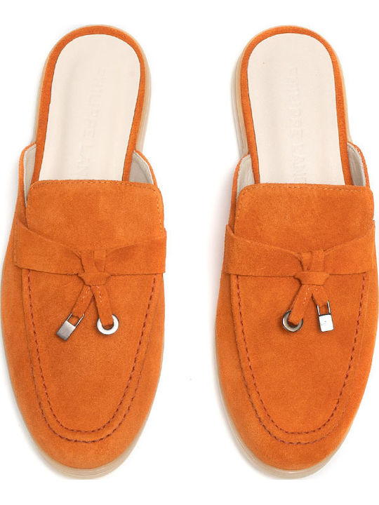 Flach Leder Mules in Orange Farbe