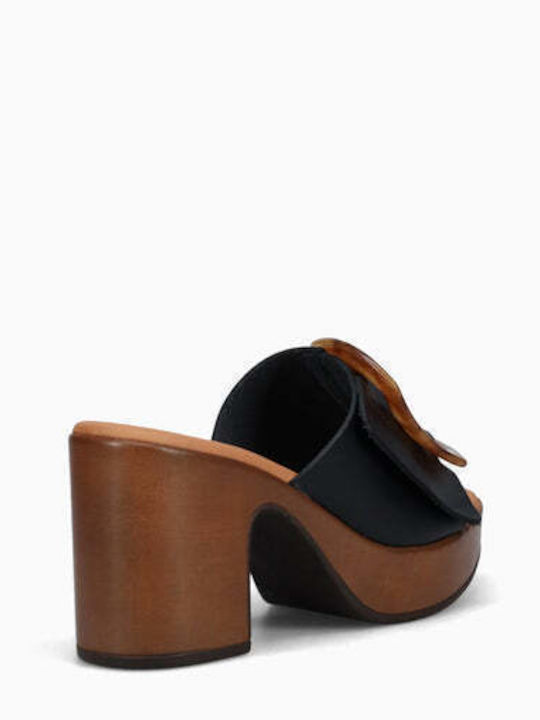 Leather Mules with Chunky High Heel in Black Color