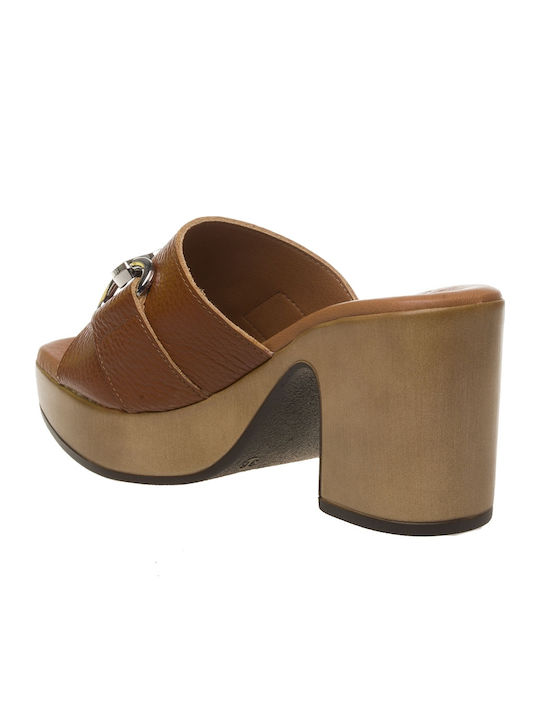 Leather Mules with Chunky High Heel in Brown Color