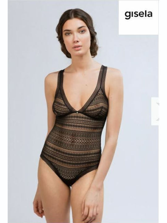 Lingerie Spaghetti Strap Bodysuit with Mesh & Lace Black