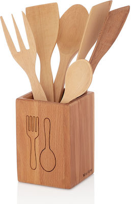 Wooden Cooking Utensil Set with Base Beige 6pcs