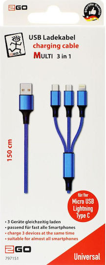 2GO Плетена USB към Lightning / Type-C / micro USB Кабел Син 1.5м (797151)