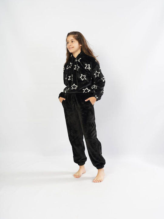 Vienetta Secret Set Top & Bottom Kids Winter Fleece Pyjamas Black