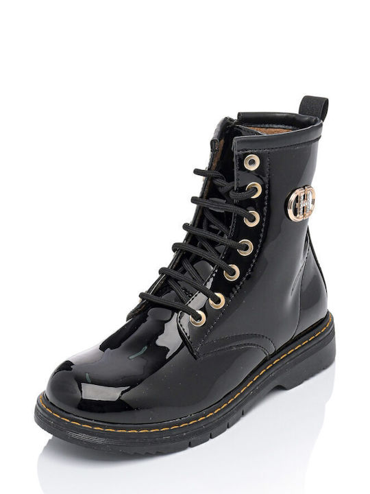 Bonito Kids Patent Leather Military Boots with Lace Black