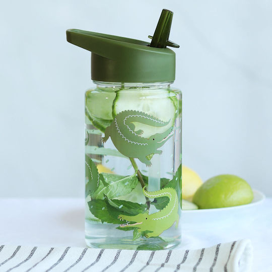 A Little Lovely Company Crocodiles Kids Water Bottle Plastic with Straw Green 450ml