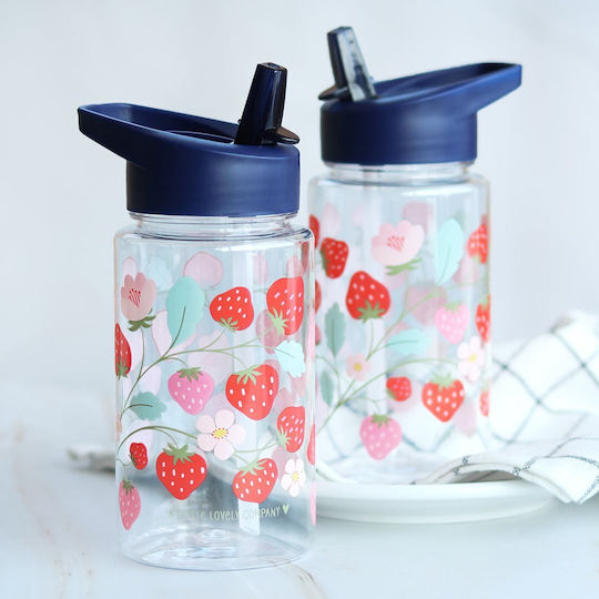 A Little Lovely Company Strawberries Kids Water Bottle Plastic with Straw Blue 450ml