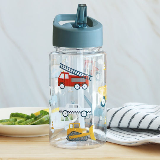 A Little Lovely Company Vehicles Kids Water Bottle Plastic with Straw Vehicles 450ml (Various Designs/Colours)