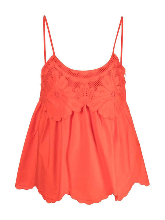 Women's Summer Cotton Blouse with Spaghetti Straps and Neckline with Zipper Orange