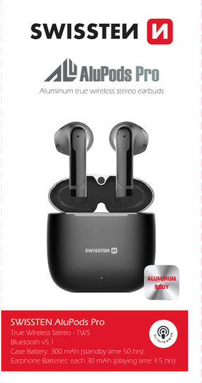 Swissten Alupods Pro Earbud Bluetooth Handsfree Căști cu Carcasă de Încărcare Negru